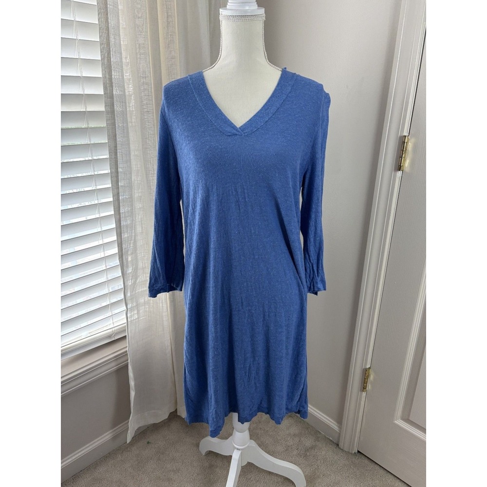J. Jill Sweater Dress Womens M Blue Excellent Linen Blend V-Neck 3/4 Sleeve